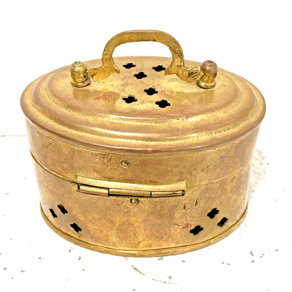 Miniature Brass Cricket Box Top Handle Pierced Metal Oval Hinged Lid Decorative - Picture 4 of 10